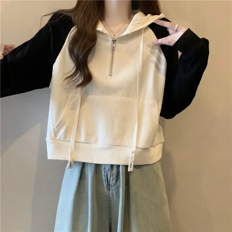 

Femme Spring Autumn Korean Fashion Zipper Color Blocking Hoodies Women Clothing All-match Drawstring Cotton Long Sleeve Top Tee