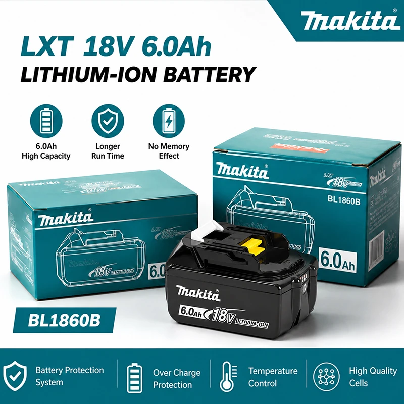 Литий-ионный сменный аккумулятор BL1860 18В 6.0Ач для беспроводных электроинструментов Makita: стабильная мощность, долговечность, перезаряжаемый.