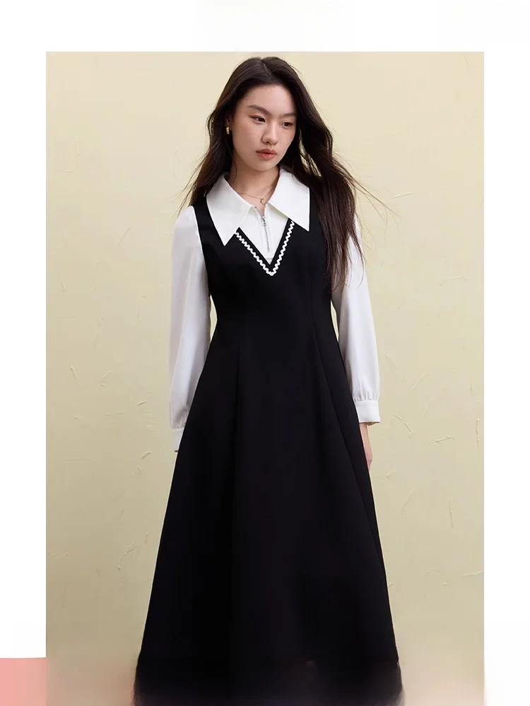 

Plus Size Large Size Women's Long Sve Dr Bla White Splicing Ele Commute High Waist Autumn Winter New Sle Single Piece