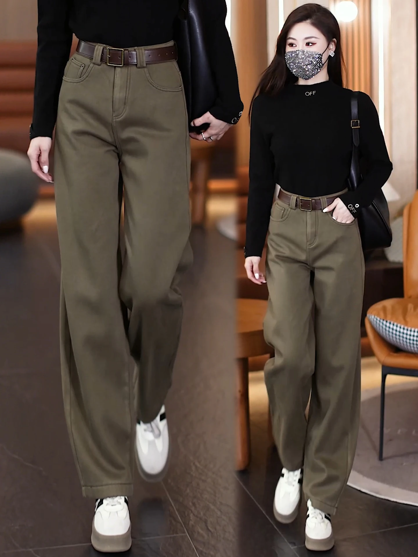 

Women's Fleece Lined Thickened Nine-Tenths Knife Denim Jeans High Waist Slimming Casual Straight Leg Pants Autumn Winter