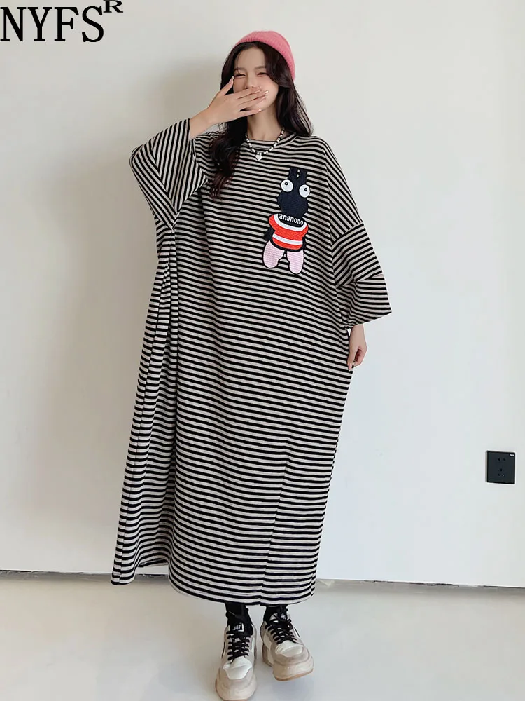 NYFS 2024 Autumn New Korea Woman Dress Vestidos Robe Elbise Loose Plus Size Cotton Stripe Long Dresses XL-4XL