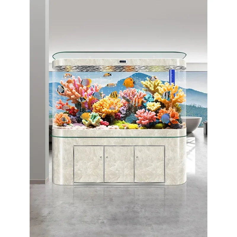 Household large office fish tank living room with cabinet integrated machine bottom filter intelligent floor hot bending tank
