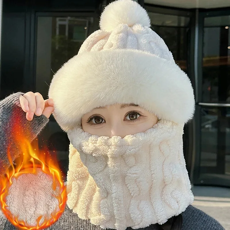 Winter Scarf Set Hooded Hat Set Women Thick Plush Neck Warm Russia Outdoor Skiing Caps Windproof Plush Hat  Plush Fluffy Beanies