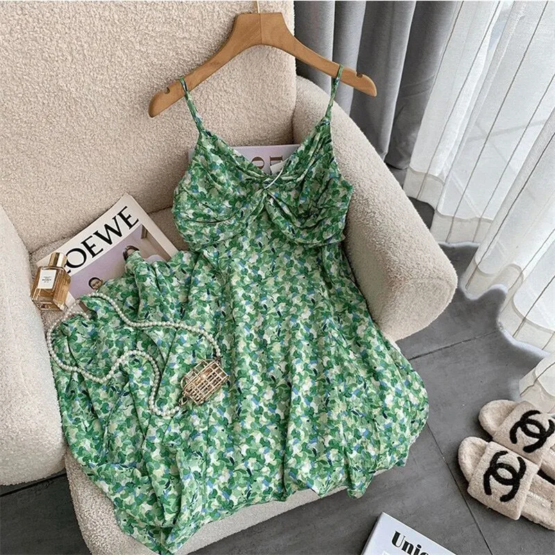 New Women Chiffon Green Fresh Floral Print Dress Summer Sexy V-Neck Elegant Ruffles Long Dress Slim Chic Temperament Vestidos