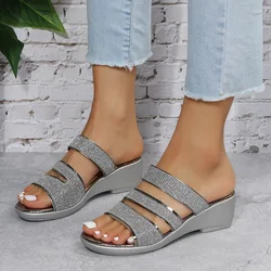 Summer Women Wedge Sandals Open Toe Flip Flops Custom Glitter Ladies Casual Shoes Outdoor Beach Slippers Ladies Sandals WSH4844