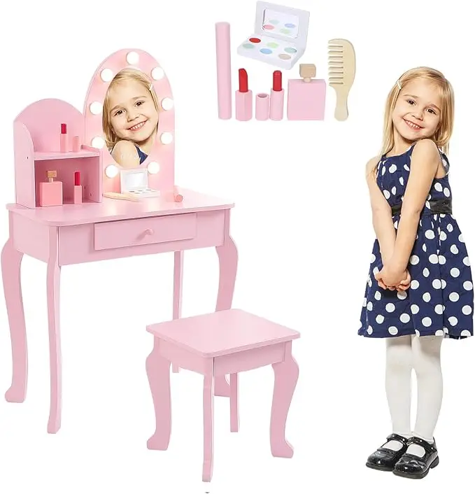 

Kids Vanity Set with Lighted Mirror, Wooden Makeup Table and Chair for Girls, Princess Dressing Table with Stool, Toddler Vanity Set for Bedroom