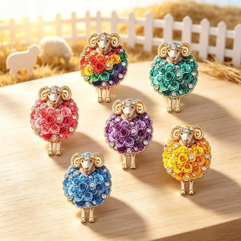 Sheep Floral Brooch With Rhinestone Rose 3D Curled Horns 1Pc 6 Colors Available Cute Jewelry Gift for Women Girls Birthday Party