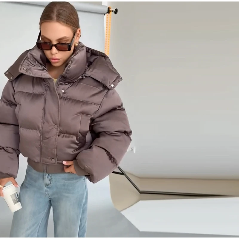 Solid Hooded Cropped Puffer Jacket Women Stand Collar Snap Button Loose Long Sleeve Jackets 2026 Winter Casual Warm Padded Coat