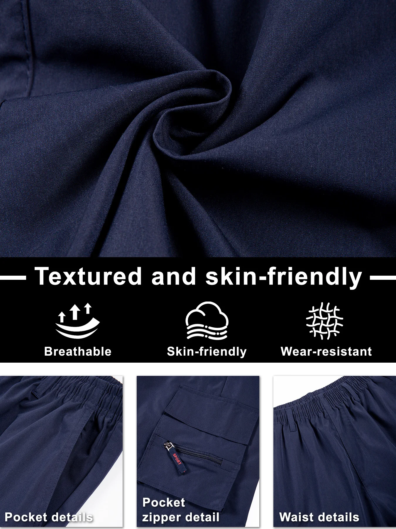 Gerade geschnittene Cargo-Shorts für Herren, leicht, atmungsaktiv, einfarbig, Kordelzug an der Taille mit Reißverschlusstaschen, lässige Sommer-Shorts – Detail 13