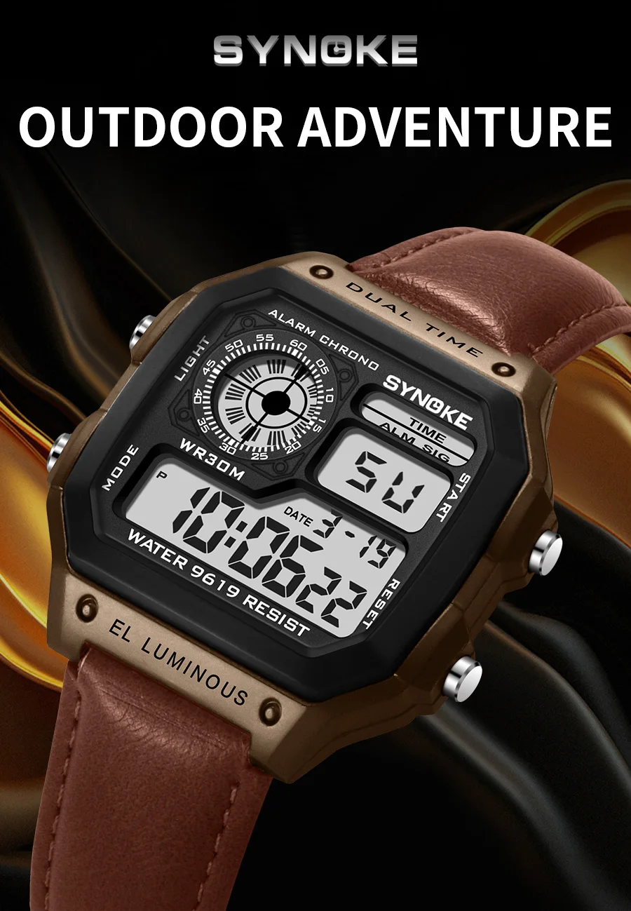 SYNOKE Gürtel Uhr Männer Outdoor Sport Multifunktionale Wasserdichte Leucht LED Digital Uhr PU Leder Für Männer Retro Mode – Detail 1
