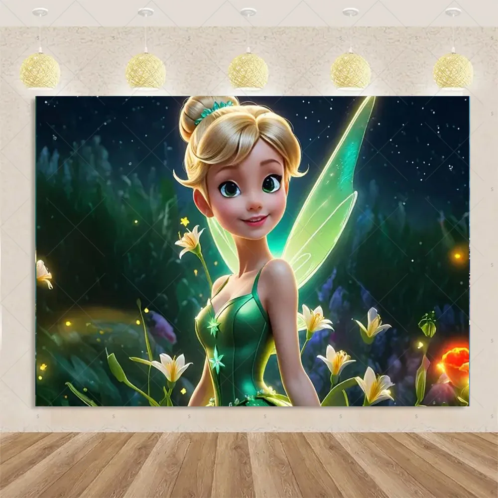 تينكر بيل موضوع فتاة حفلة عيد ميلاد زينة ديزني الجنية خلفية راية استحمام الطفل لوازم خلفية التصوير الخضراء