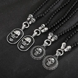 Vintage Punk Stainless Steel Skull Pendant Necklace For Men 50cm Long Black Rosary Beads Necklaces Domineering Choker Jewelry
