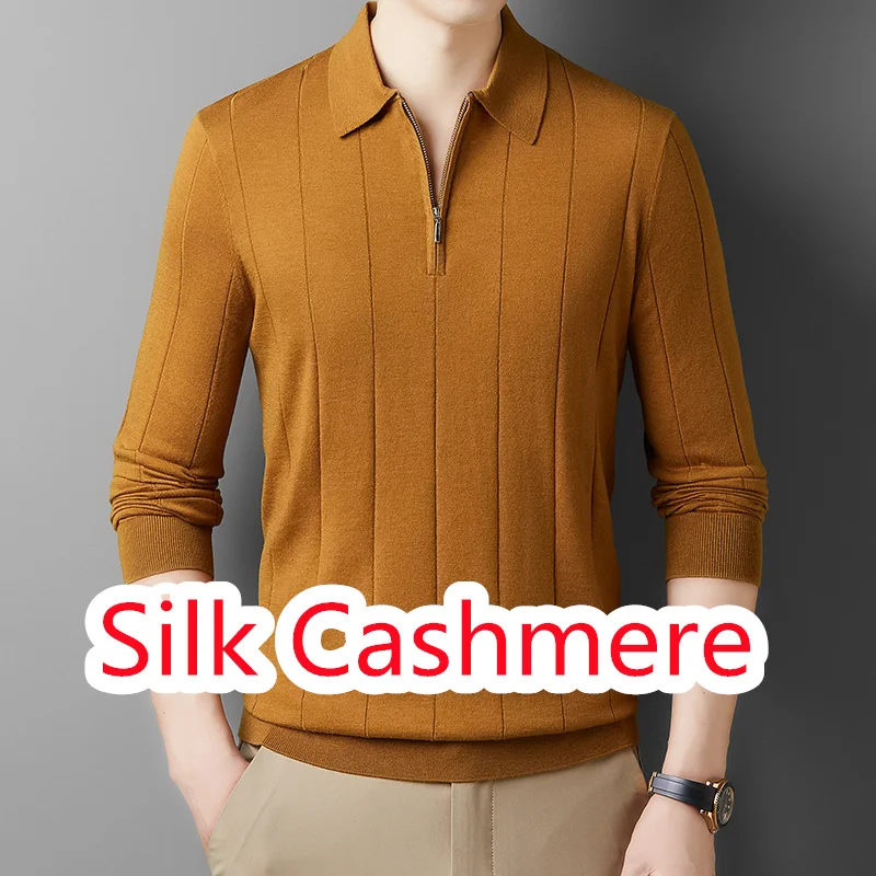 Silk Cashmere Men Polo Shirt 2025 Autumn Turn Down Collar Knitwear Long Sleeve Male Jumper Pullover Zipper Sweater Tops