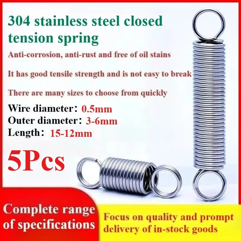 5Pcs WD:0.5MM 304 Stainless Steel Closed Tension Spring Double-coil Long Spring for Stretching Used in The Mechanical Industry