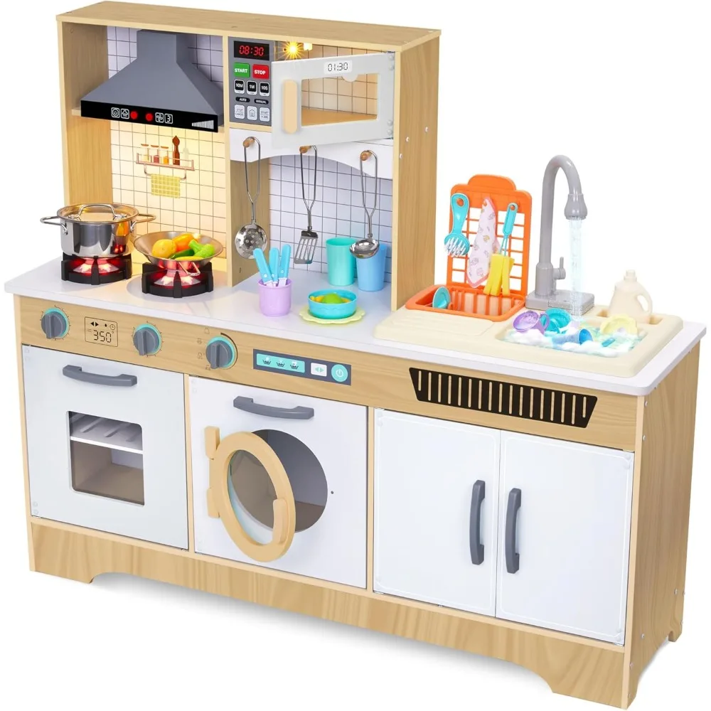 

Jumbl Kids Wooden Natural Color Kitchen Set, Pretend Working Sink with Real Running Water, Includes Range Hood