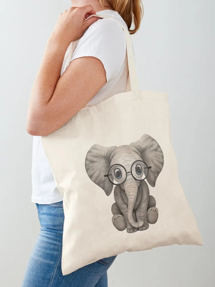 

Cute Baby Elephant Calf with Reading Glasses on Blue Tote Bag eco bag folding Women's shopper university shopper bag female