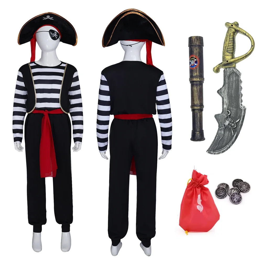 Medieval Caribbean Pirate Cosplay Costume Captain Disguise Full Set Kids Outfits Halloween Carnival Party Stage Clothes Roleplay