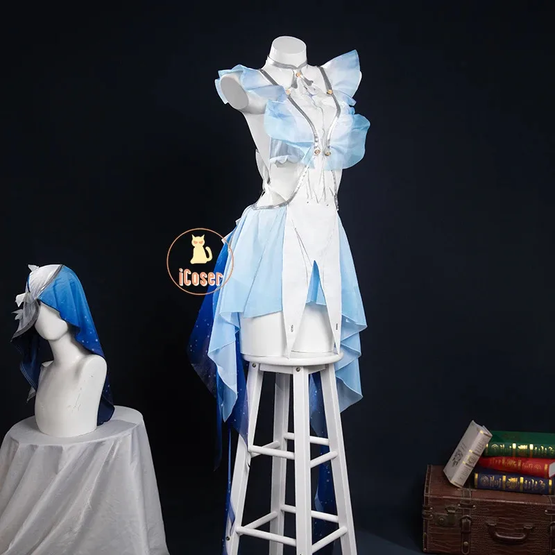 O shorekeeper traje peruca ondas wuthering vestido jogo uniforme véu preto afastados festa de halloween para mulheres acessórios icoser
