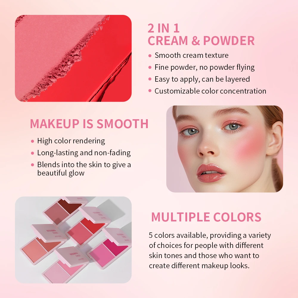 Lakerain Cream & Powder Blush Dual Textures Long-lasting Highly Pigmented Makeup Portable Natural Face Blusher Cosmetic