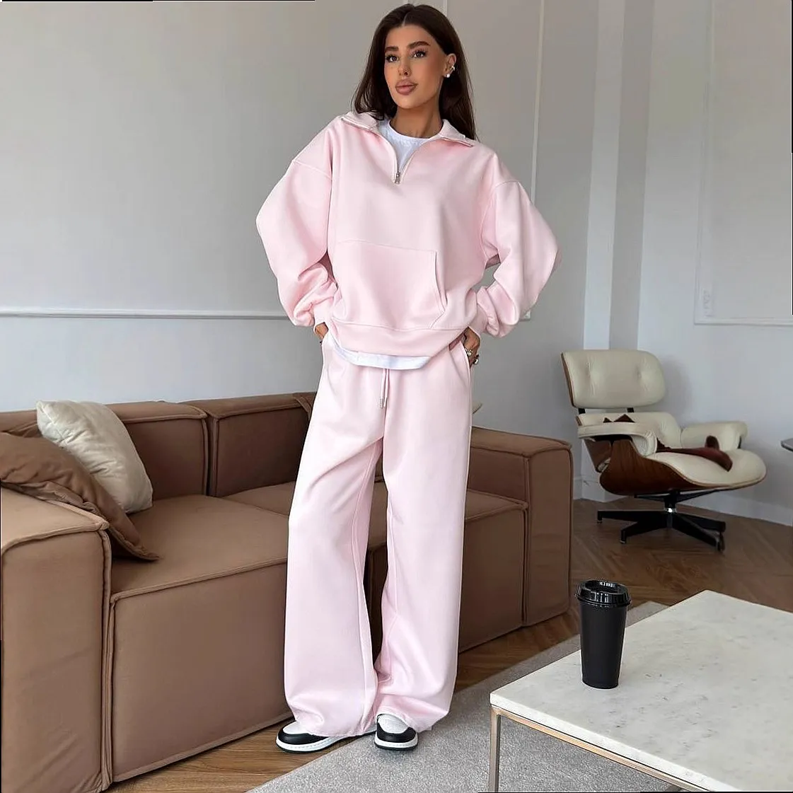 Women Cotton Casual Zip Hoodie Pullover Tied Wide Leg Pants 2 Piece Matching Set