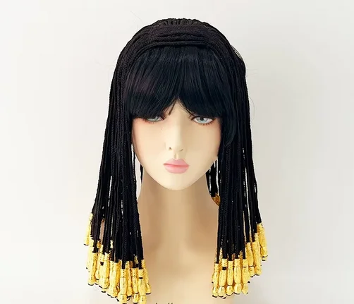 Cleopatra-Peluca de Cosplay de Reina Egipcia, pelo sintético resistente al calor, color negro, para fiesta de Halloween, Carnaval, gorra