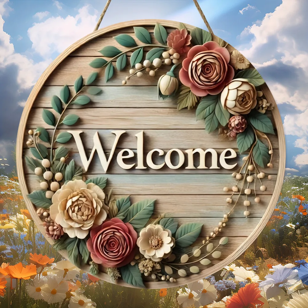 Creative simulation flower pendant wooden round sign wooden welcome house sign flower listing