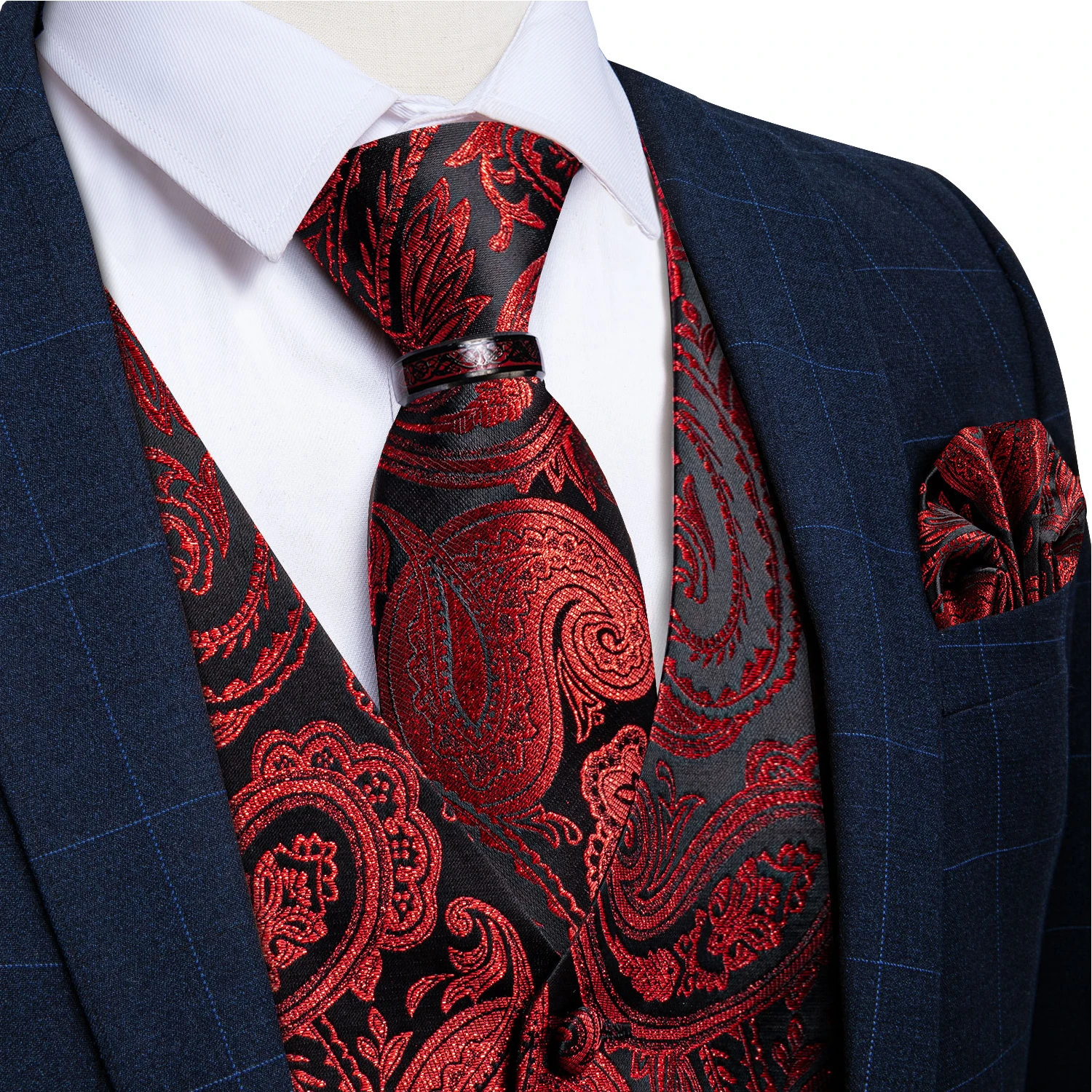 Luxury Red Paisley Silk Suit Vest for Men Wedding Waistcoat Neck Tie Set Party Tuxedo Men Clothing DiBanGu