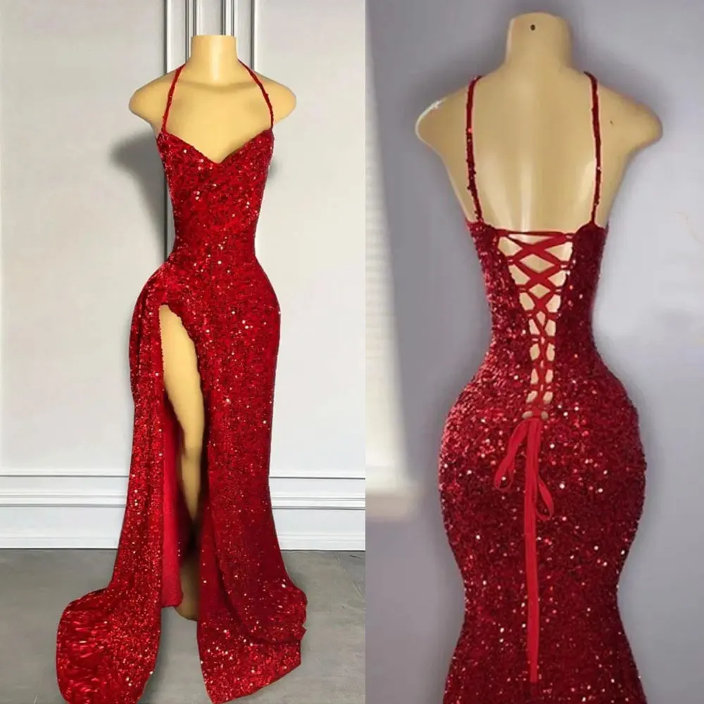 Sparkle Red Sequined Evening Dresses Women Sexy Spaghetti Straps High Thigh Split Prom Gown With Laces-up Backless Vestidos Robe