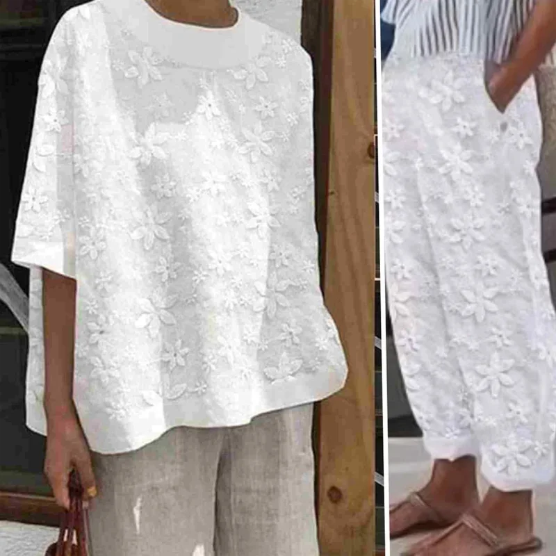 2024 Lady Loose Two Pieces Suits Women\'s Hollowed Out Cotton Linen Lace Suit Spring Summer Casual Pockets Solid Color Top+Pants