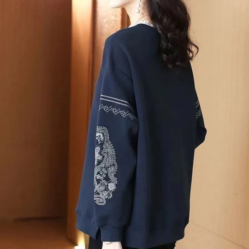 Embroidered Lace O-Neck Women's Spring and Autumn 2024 New Splicing Fashion Loose Minimalist Casual Long Sleeve Sweatshirts