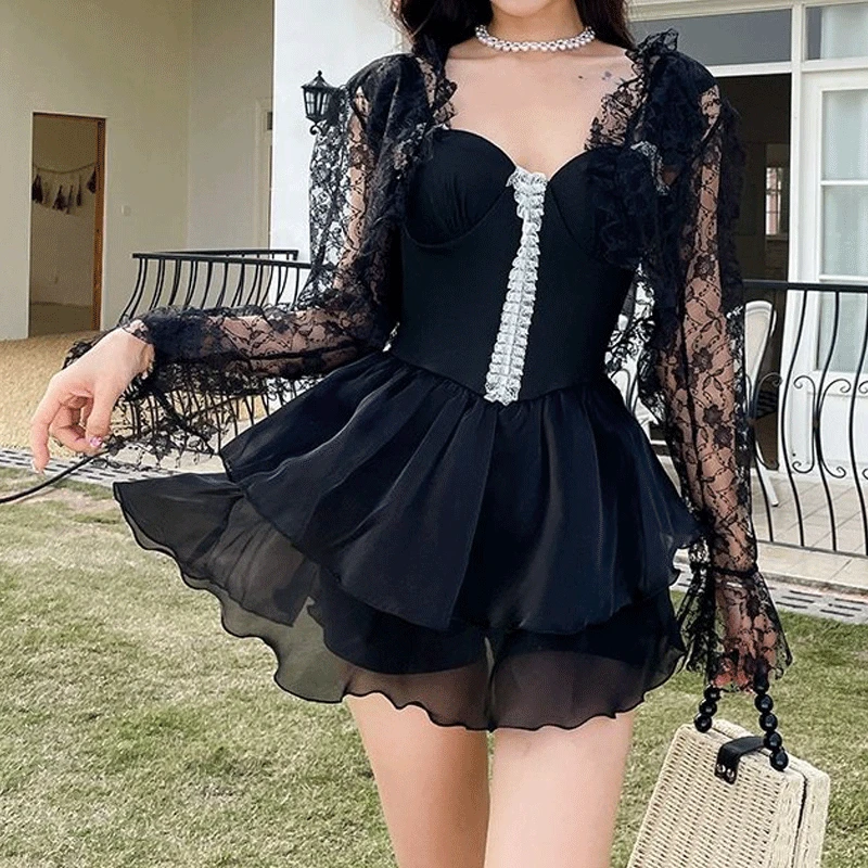 2023 New Women's Clothing Thin Sexy Spliced Lace Casual Long Sleeve Ruffles Hollow Out Off Shoulder Solid Color Fashion Swimwear