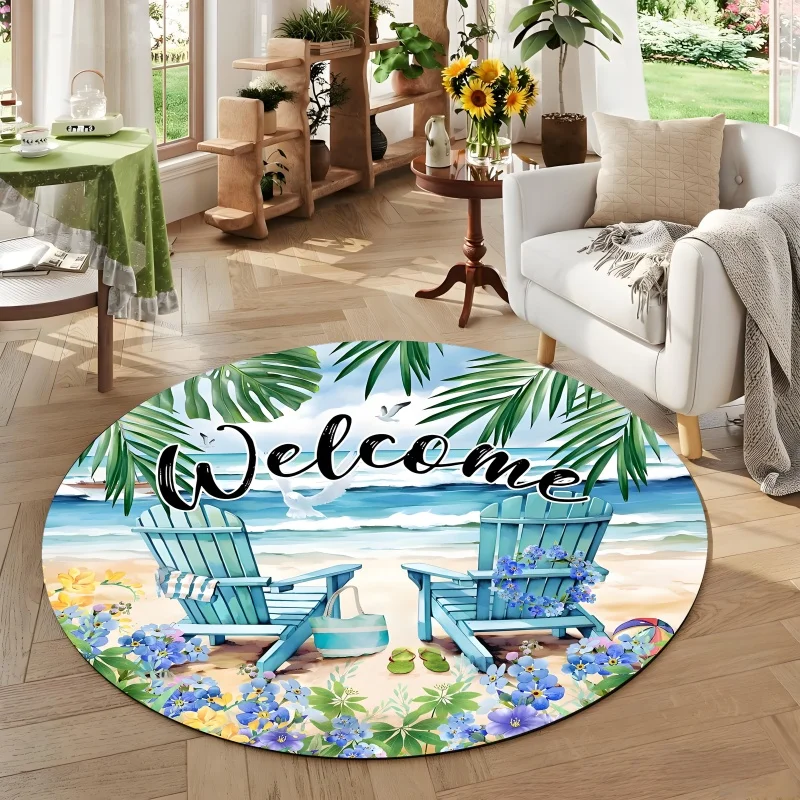 Practical Non Slip Round Carpet Hello Summer Flip Flop Rug Floor Mat for House Living Room Bedroom Interior Decoration