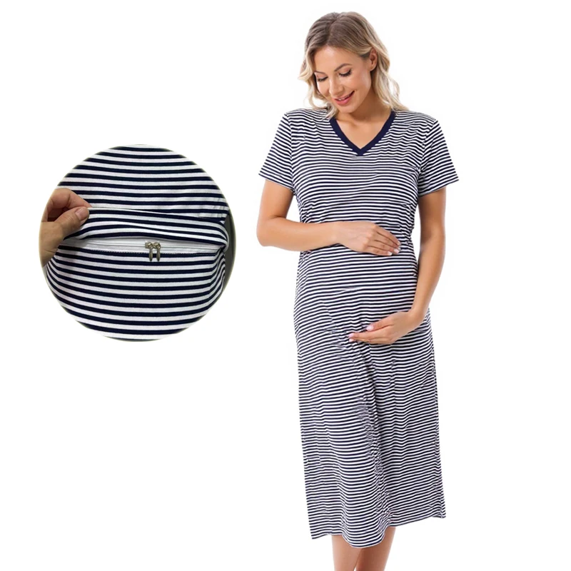 

Large Size Summer Maternity Dress Loose Breastfeeding Dress Stripe V-neck Short Sleeve Nursing Dress for Pregnant Women ﻿