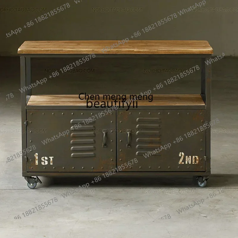 cn8350 LHY zqAmerican-Style Retro Iron Art Solid Wood Double-Deck TV Cabinet Bookcase Iron Locker Chest of Drawers Distressed Ca