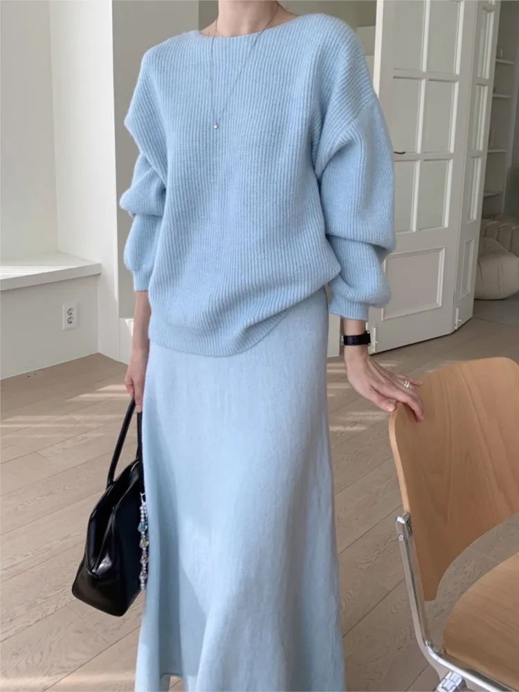 Autumn Winter Chic Knitted Two Piece Set Puff Sleeve Sweater Lazy Oaf Pullover Women Korean Midi Skirt Woman Ladies Sets