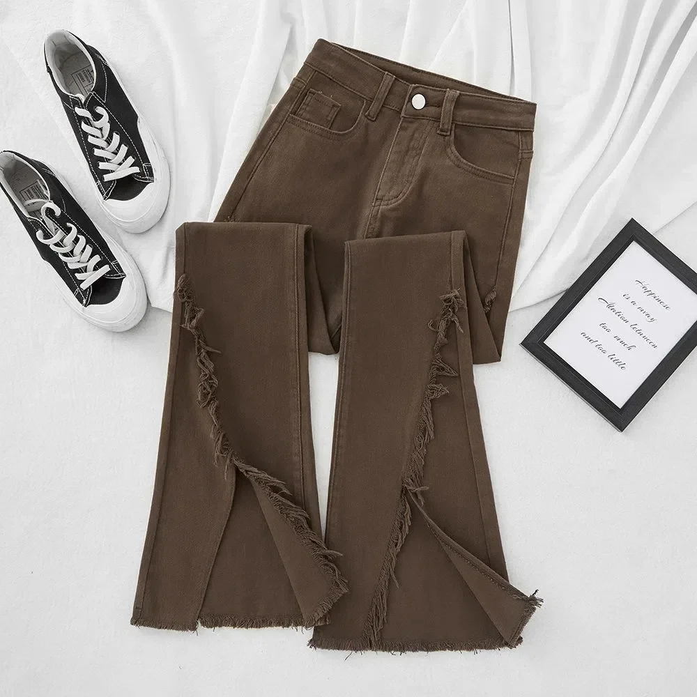 Brown Side Slit Micro Flared Jeans New 2022 High Waisted Slimming Fringed Coffee Color Bell Bottom Trousers For Spring Autumn