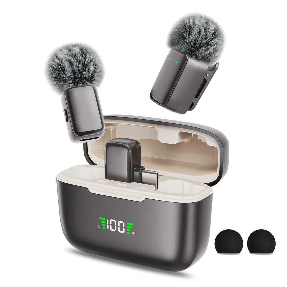 Micrófono de solapa inalámbrico portátil con estuche de carga, plug & play, para grabación de video, vlogs, entrevistas y streaming