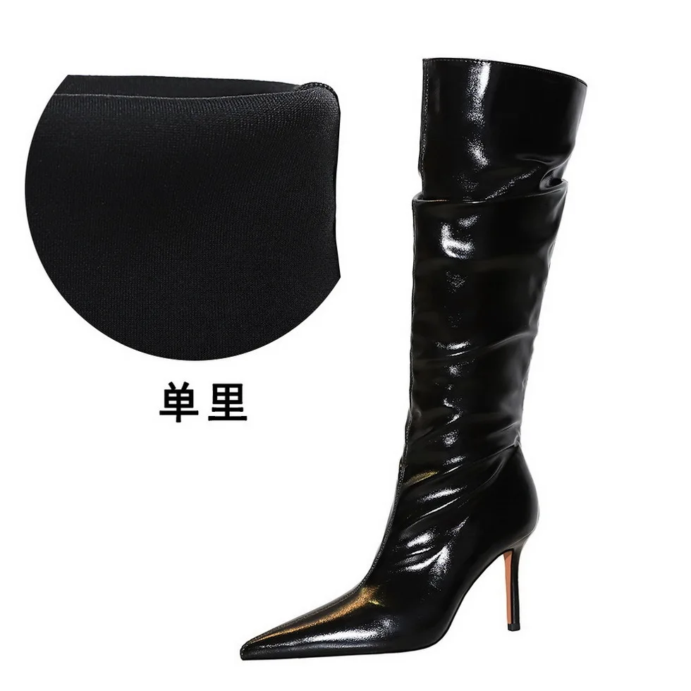 Women Shoese Style High-heeled Thin Heel Pointed Patent Leather Face Women's Look High Top Mid-calf Knee-high Winter Boots  Shoe