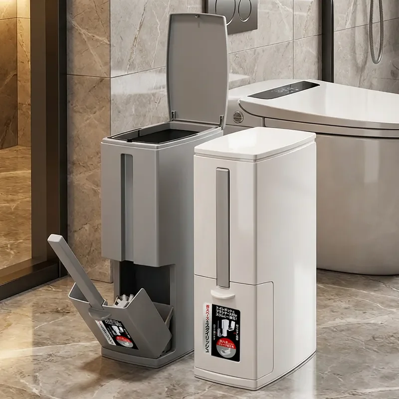 Narrow Bathroom Gap Trash Can with Toilet Brush Holder Elastic Lid Press Type Double Barrel Storage Bin for Home