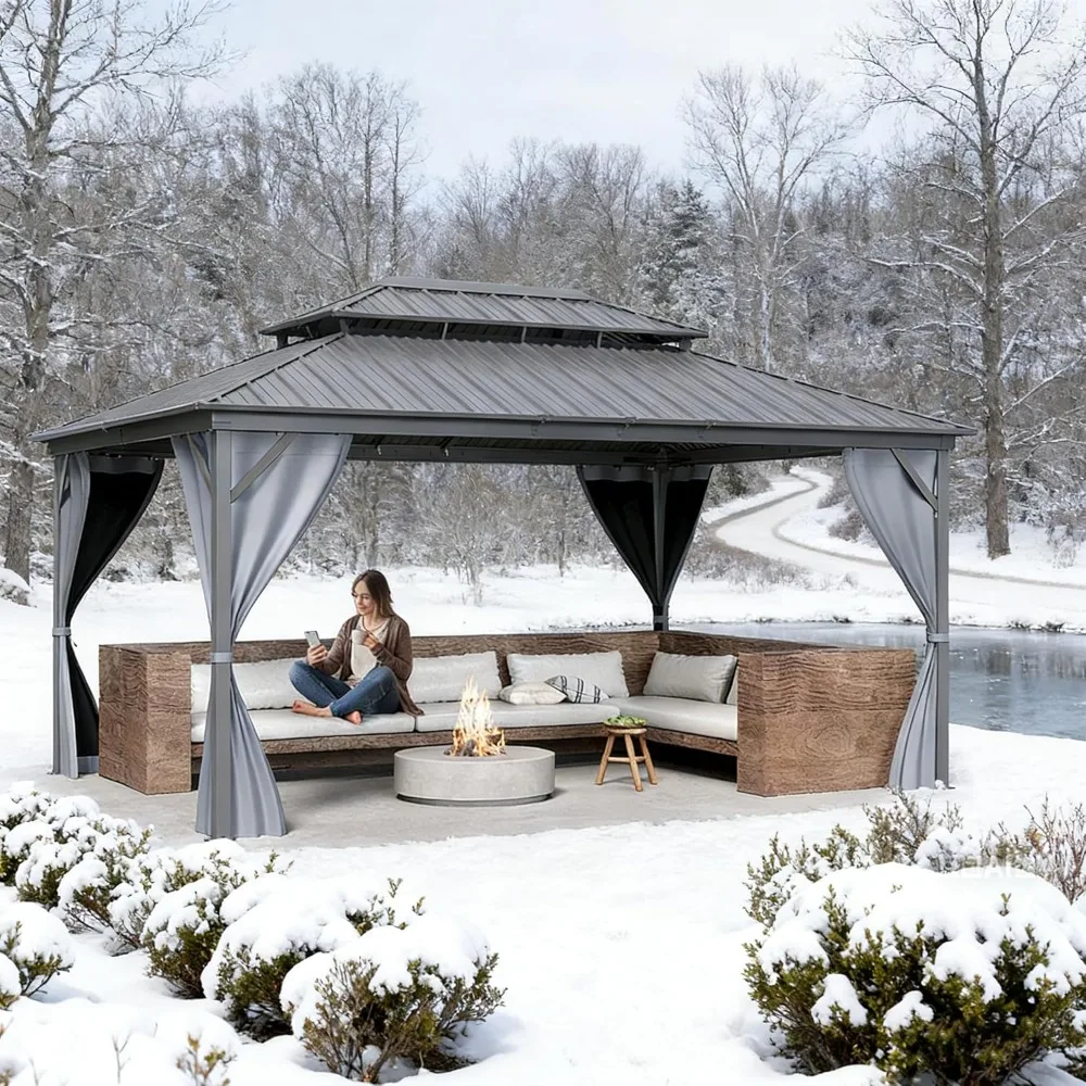 

12x16 ft Permanent Hardtop Gazebo, Double Roof Canopy with Netting and Curtains, Luxury Outdoor Gazebo,2-Tier, Customized