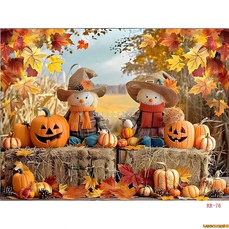 Halloween Day Autumnal Pumpkins Photography Backdrops Props Maple Leaf Scarecrow Farm Harvest Thanksgiving Background RR-09