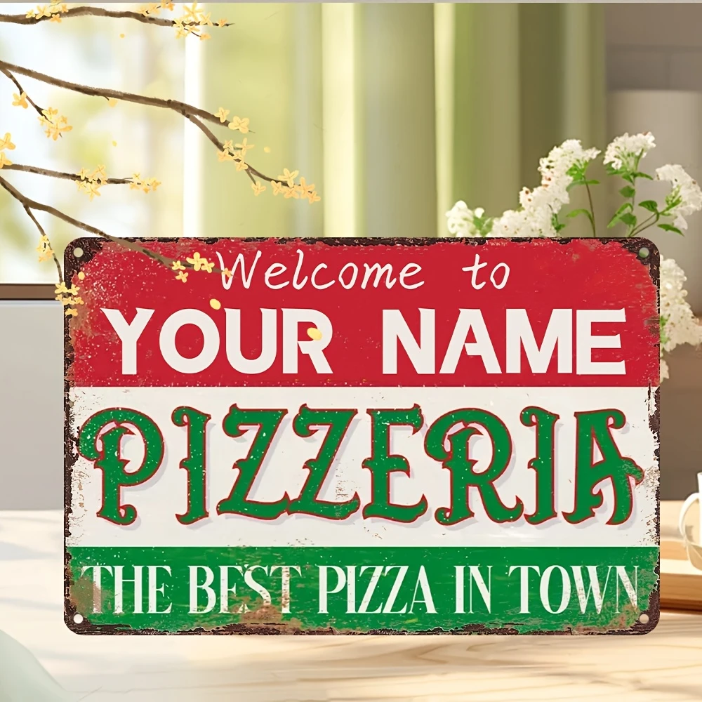 Custom Pizzeria Metal Tin Sign Personalized Custom Shop Name 20x30cm Vintage Italian Flag Red Green White Distressed Wall Plaque