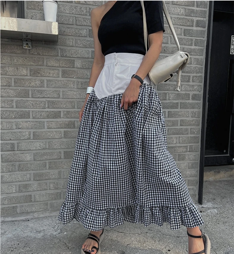

Женская юбка миди А-силуэта в клетку, ретро-стиль, с эластичной талией и сборками по низу, корейский стиль, весенняя, из хлопковой ткани
