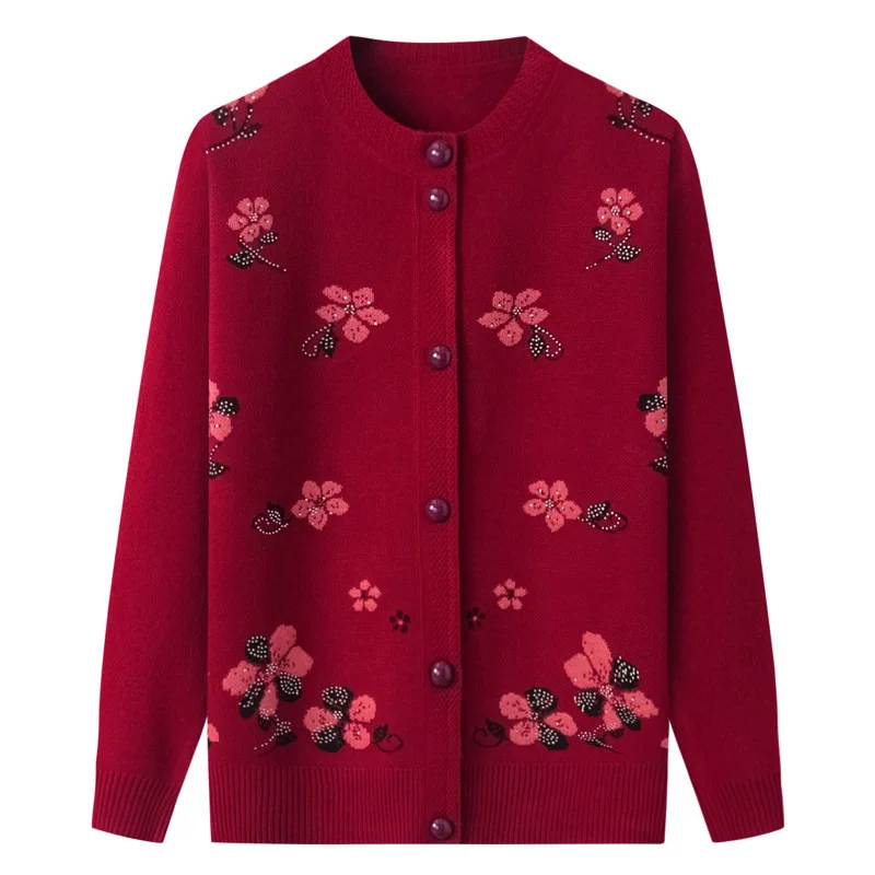 New Middle-Aged Women's Autumn Sweaters Cardigan Coat Female O-Neck Embroidered Knitting Sweater Mother Long Sleeve Tops