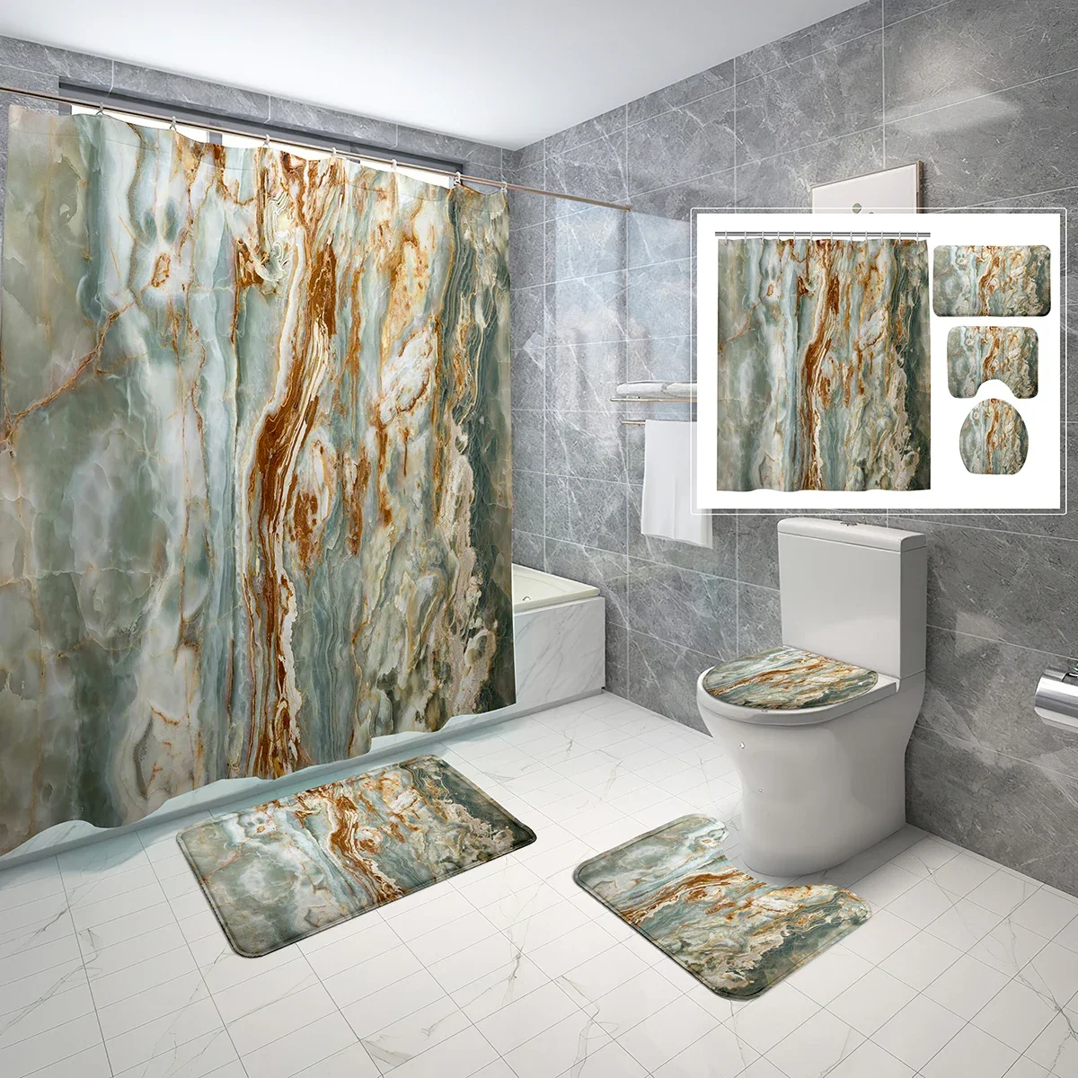 4 Pcs Marble Texture Shower Curtain Sets Minimalistic Art Print Non-slip Bath Mat Toilet Lid Waterproof Shower Curtain Set