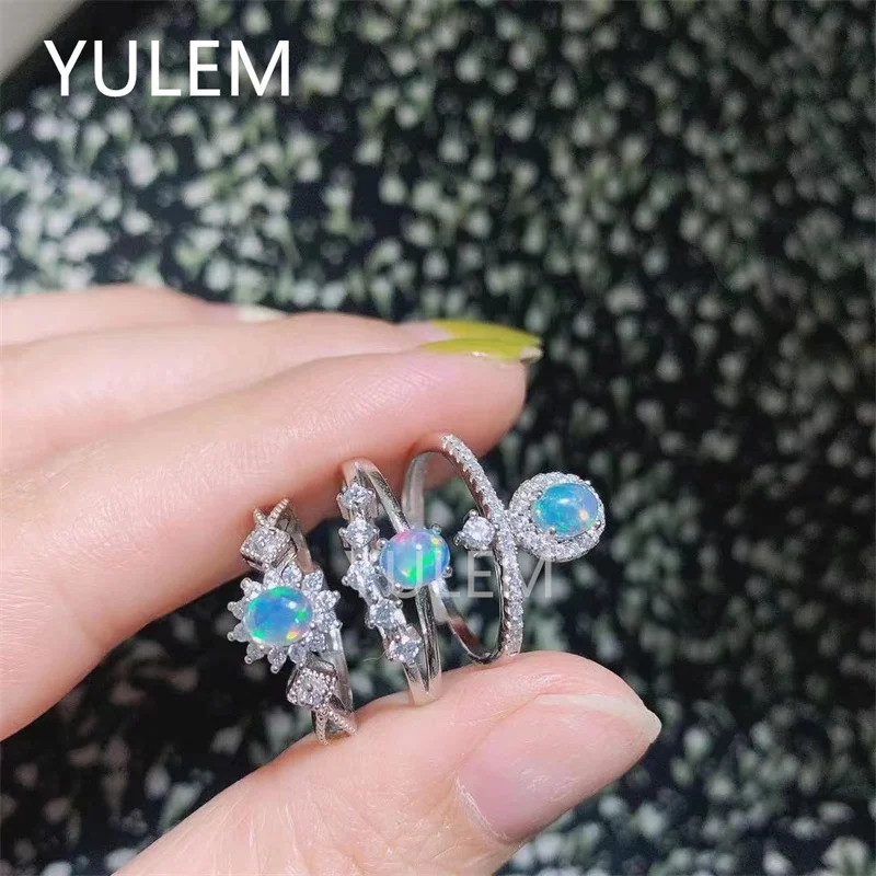 YULEM Classic Silver Opal Ring Wedding Excellent Brilliance Natural Opal Gemstone Ring Solid 925 Sterling Silver Opal Ring Gift