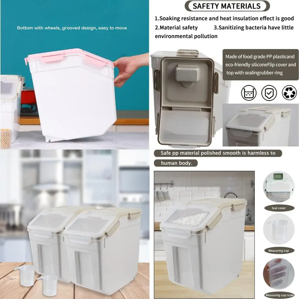 

Герметичный контейнер для хранения риса и зерна на 25 фунтов с колесами, крышкой с герметичным замком, без BPA, в комплекте мерная чашка и ложка (серый)