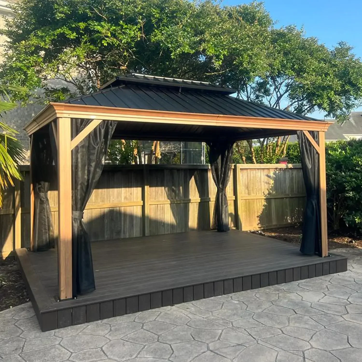 

10' X 14' Outdoor Hardtop Gazebo for Patio Teak Finish Coated Aluminum Frame Pavilion with Netting