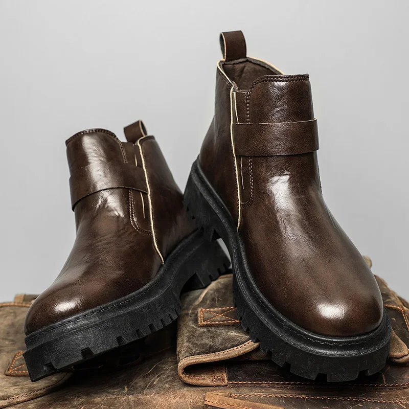 

Высокие зимние мужские кожаные байкерские туфли в стиле ретро, модные мотоциклетные ботильоны для мужчин, уличная повседневная мужская обувь, модная универсальная обувь