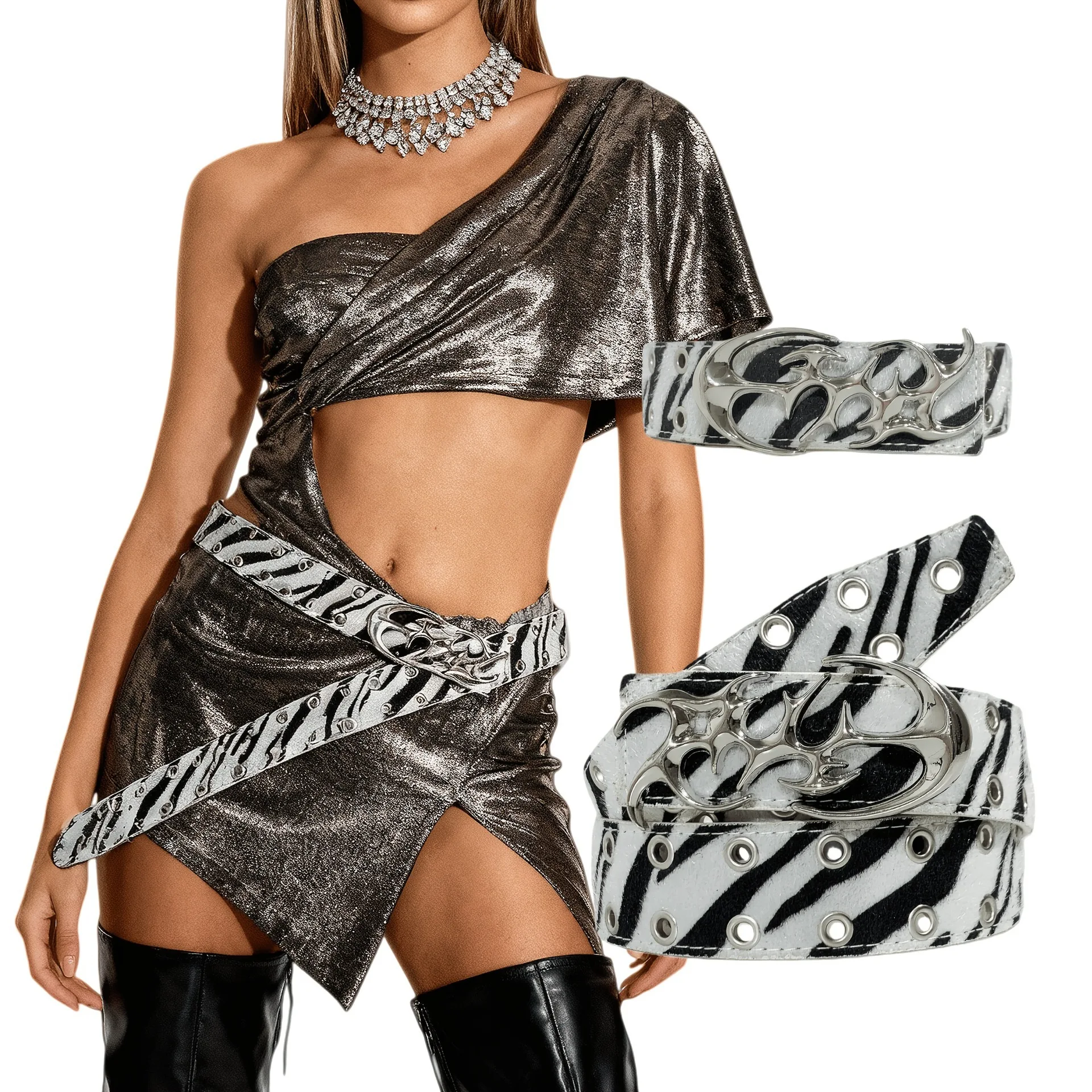 بيع عبر الحدود أبيض وأسود زيبرا نمط العيينة برشام غير النظامية مشبك الجوف خارج شخصية Y2K الساخن فتاة حزام تنوعا #5